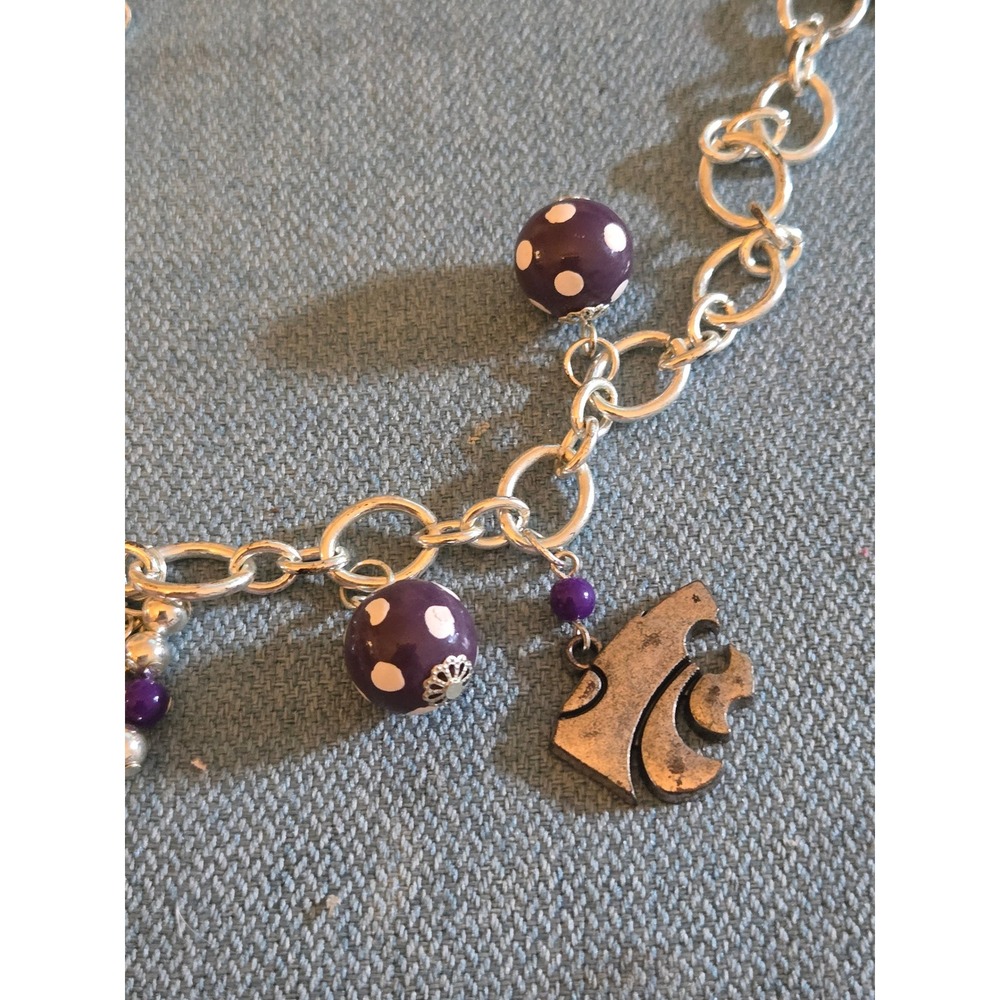 Seasons WSU Cougars Necklace Silver Tone Purple Polka Dot Beads Logo Charms - Picture 4 of 5